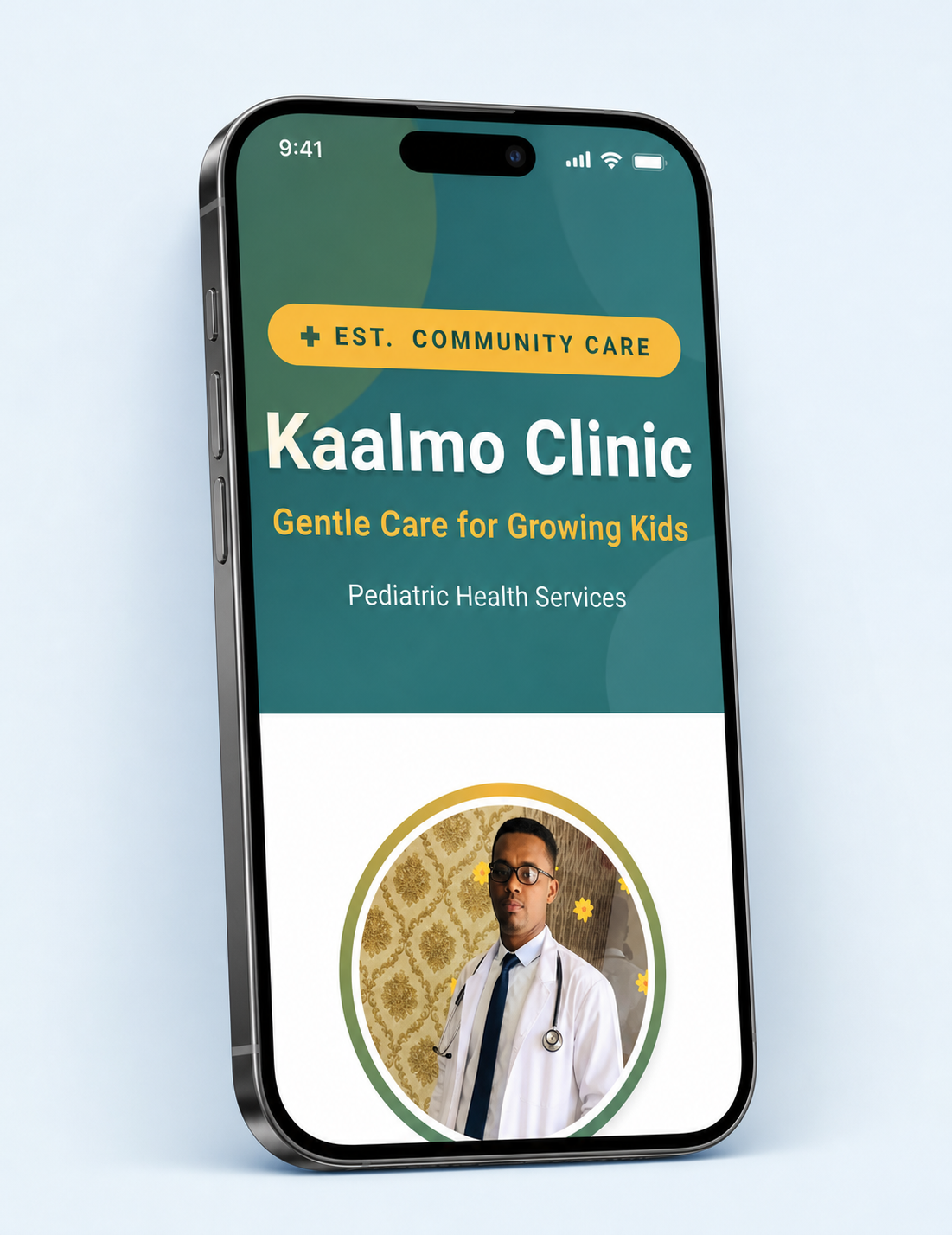 Kaalmo Clinic website displayed on a premium iPhone